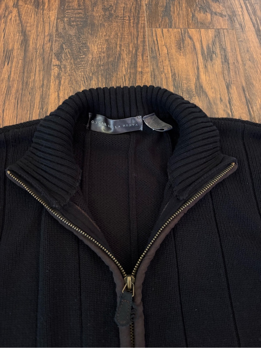 Oscar de la Renta Black Full-Zip Ribbed Knit Sweater 100% Cotton Academia Large - Picture 3 of 9